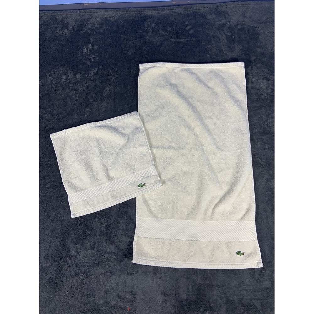 Lacoste 100% Cotton 2 Piece Towel Set Bath Hand Washcloth Cream Embroidered Logo